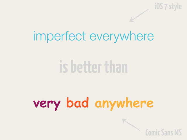 imperfect everywhere
is better than
very bad anywhere
iOS 7 style
Comic Sans MS
