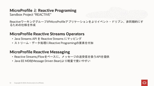 Sandbox Project “REACTIVE”
ReactiveワーキンググループがMicroProfileアプリケーションをよりイベント・ドリブン、非同期的にす
るための仕様を作成
MicroProfile Reactive Streams Operators
• Java Streams API を Reactive Streams にマッピング
• ストリーム・データ処理にReactive Programingの要素を付加
MicroProfile Reactive Messaging
• Reactive Streams/Flowをベースに、メッセージの送受信を扱うAPIを提供
• Java EE MDB(Message Driven Bean)より軽量で使いやすい
MicroProfile と Reactive Programing
Copyright © 2020, Oracle and/or its affiliates
32
