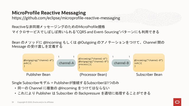https://github.com/eclipse/microprofile-reactive-messaging
Reactiveな非同期メッセージングのためのMicroProfile規格
マイクロサービスでしばしば用いられる”CQRS and Event-Sourcing”パターンにも利用できる
Bean のメソッドに @Incoming もしくは @Outgoing のアノテーションをつけて、Channel 間の
Message の受け渡しを定義する
Single Subscriberモデル = Publisherが接続するSubscriberは1つのみ
• 同一の Channel に複数の @Incoming をつけてはならない
• これにより Publisher は Subscriber の Backpressure を適切に処理することができる
MicroProfile Reactive Messaging
Copyright © 2020, Oracle and/or its affiliates
39
channel-A channel-B
Publisher Bean (Processor Bean) Subscriber Bean
@Outgoging(“channel-A”)
pub(){
}
@Incoming(“channel-B”)
sub(){
}
@Incoming(“channel-A”)
@Outgoging(“channel-B”)
process(){
}
1 1 1 1
