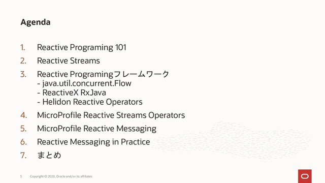 5 Copyright © 2020, Oracle and/or its affiliates
1. Reactive Programing 101
2. Reactive Streams
3. Reactive Programingフレームワーク
- java.util.concurrent.Flow
- ReactiveX RxJava
- Helidon Reactive Operators
4. MicroProfile Reactive Streams Operators
5. MicroProfile Reactive Messaging
6. Reactive Messaging in Practice
7. まとめ
Agenda
