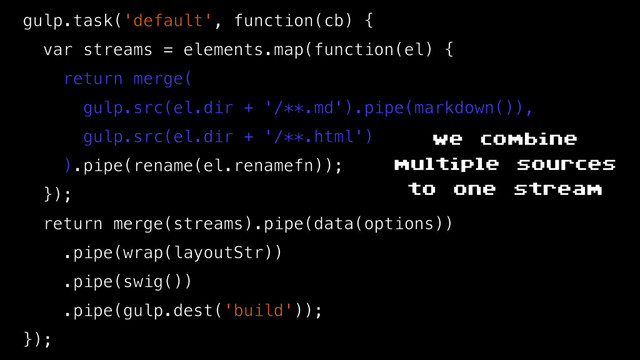 gulp.task('default', function(cb) {
var streams = elements.map(function(el) {
return merge(
gulp.src(el.dir + '/**.md').pipe(markdown()),
gulp.src(el.dir + '/**.html')
).pipe(rename(el.renamefn));
});
return merge(streams).pipe(data(options))
.pipe(wrap(layoutStr))
.pipe(swig())
.pipe(gulp.dest('build'));
});
we combine
multiple sources
to one stream
