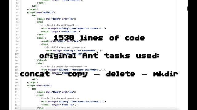 1530 lines of code
original Ant tasks used:
concat — copy — delete — mkdir
