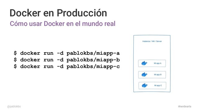 #nerdearla
Docker en Producción
Cómo usar Docker en el mundo real
@pablokbs
$ docker run -d pablokbs/miapp-a
$ docker run -d pablokbs/miapp-b
$ docker run -d pablokbs/miapp-c
