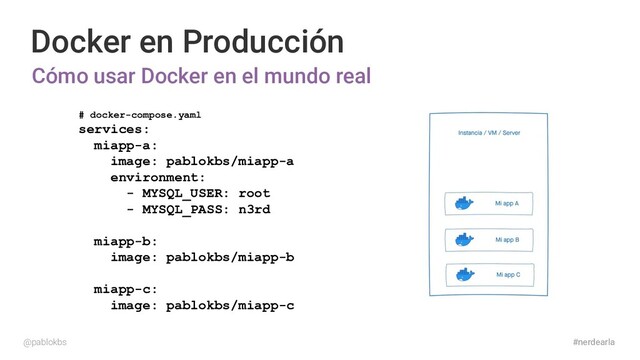 #nerdearla
Docker en Producción
Cómo usar Docker en el mundo real
@pablokbs
# docker-compose.yaml
services:
miapp-a:
image: pablokbs/miapp-a
environment:
- MYSQL_USER: root
- MYSQL_PASS: n3rd
miapp-b:
image: pablokbs/miapp-b
miapp-c:
image: pablokbs/miapp-c
