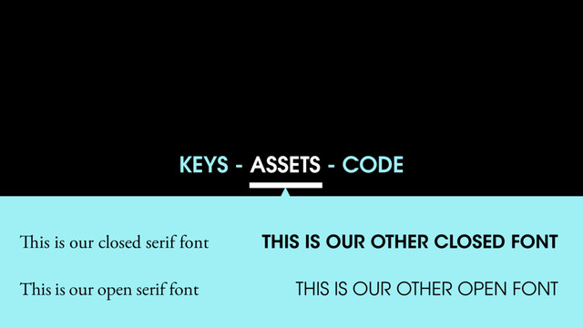 KEYS - ASSETS - CODE
This is our closed serif font
This is our open serif font
THIS IS OUR OTHER CLOSED FONT
THIS IS OUR OTHER OPEN FONT
