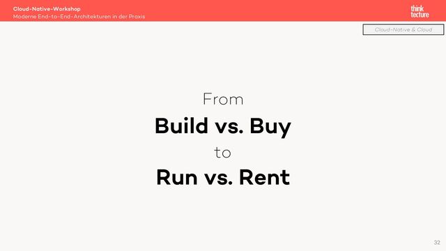 From
Build vs. Buy
to
Run vs. Rent
Cloud-Native-Workshop
Moderne End-to-End-Architekturen in der Praxis
32
Cloud-Native & Cloud
