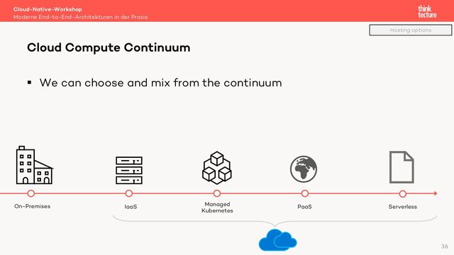 § We can choose and mix from the continuum
Cloud-Native-Workshop
Moderne End-to-End-Architekturen in der Praxis
Cloud Compute Continuum
PaaS
IaaS
On-Premises Serverless
36
Managed
Kubernetes
Hosting options
