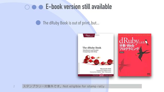 E-book version still available
The dRuby Book is out of print, but...
スタンプラリー対象外です。Not eligible for stamp rally
2
