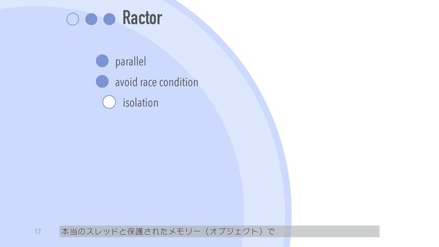 Ractor
parallel


avoid race condition


isolation
本当のスレッドと保護されたメモリー（オブジェクト）で
17

