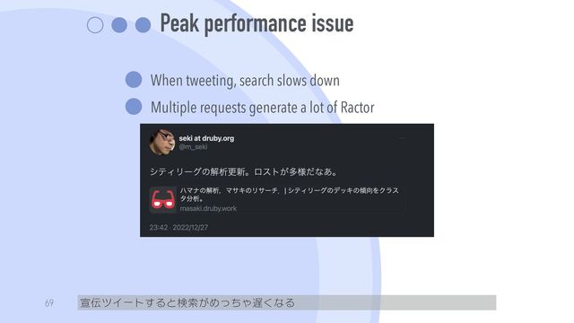 Peak performance issue
When tweeting, search slows down


Multiple requests generate a lot of Ractor
宣伝ツイートすると検索がめっちゃ遅くなる
69
