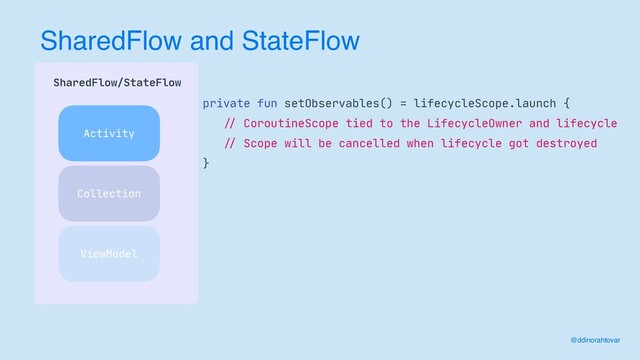 SharedFlow and StateFlow
 
SharedFlow/StateFlow
 
Activity
Collection
ViewModel
private fun setObservables() = lifecycleScope.launch {

//
CoroutineScope tied to the LifecycleOwner and lifecycle

//
Scope will be cancelled when lifecycle got destroyed

}
@ddinorahtovar
