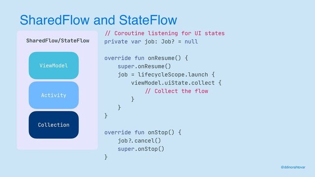 SharedFlow and StateFlow
 
SharedFlow/StateFlow
 
//
Coroutine listening for UI states

private var job: Job? = null

override fun onResume() {

super.onResume()

job = lifecycleScope.launch {

viewModel.uiState.collect {

//
Collect the flow

}

}

}

override fun onStop() {

job
?
.
cancel()

super.onStop()

}
Activity
ViewModel
Collection
@ddinorahtovar
