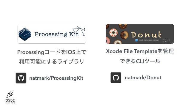 ProcessingίʔυΛiOS্Ͱ
ར༻Մೳʹ͢ΔϥΠϒϥϦ
Xcode File TemplateΛ؅ཧ
Ͱ͖ΔCLIπʔϧ
natmark/ProcessingKit natmark/Donut
