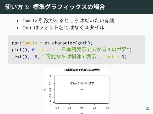 使い方 3: 標準グラフィックスの場合
• family 引数があるところはだいたい有効
• font はフォント名ではなくスタイル
par(family = as.character(goth))
plot(0, 0, main = " 日本語表示で広がる R の世界")
text(0, .5, " 可能ならば斜体で表示", font = 3)
-1.0 -0.5 0.0 0.5 1.0
-1.0 -0.5 0.0 0.5 1.0
日本語表示で広がるRの世界
0
可能ならば斜体で表示
21
