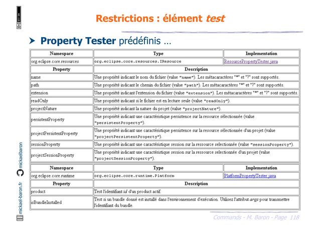 118
Commands - M. Baron - Page
mickael-baron.fr mickaelbaron
Restrictions : élément test
 Property Tester prédéfinis …

