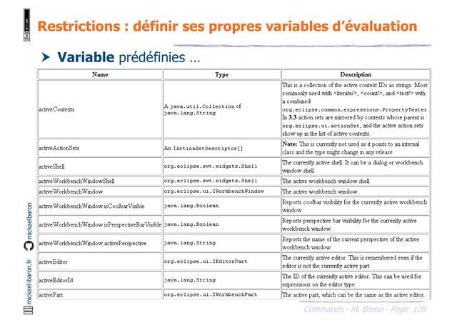 128
Commands - M. Baron - Page
mickael-baron.fr mickaelbaron
Restrictions : définir ses propres variables d’évaluation
 Variable prédéfinies …
