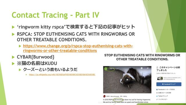  ‘ringworm kitty rspca’で検索すると下記の記事がヒット
 RSPCA: STOP EUTHENISING CATS WITH RINGWORMS OR
OTHER TREATABLE CONDITIONS.
 https://www.change.org/p/rspca-stop-euthenising-cats-with-
ringworms-or-other-treatable-conditions
 CYBAR{Burwood}
 ※猫の名前はKUDU
 クーズーという鹿もいるようだ
 https://ja.wikipedia.org/wiki/%E3%82%AF%E3%83%BC%E3%82%BA%E3%83%BC
Contact Tracing - Part IV
