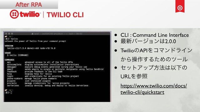 TWILIO CLI
• CLI : Command Line Interface
• ࠷৽όʔδϣϯ͸2.0.0
• TwilioͷAPIΛίϚϯυϥΠϯ
͔Βૢ࡞͢ΔͨΊͷπʔϧ
• ηοτΞοϓํ๏͸ҎԼͷ
URLΛࢀর
https://www.twilio.com/docs/
twilio-cli/quickstart
After RPA
