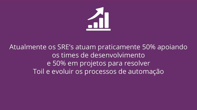 Atualmente os SRE’s atuam praticamente 50% apoiando
os times de desenvolvimento
e 50% em projetos para resolver
Toil e evoluir os processos de automação
