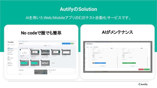 AutifyのSolution
No codeで誰でも簡単 AIがメンテナンス
AIを用いたWeb/MobileアプリのE2Eテスト自動化サービスです。
