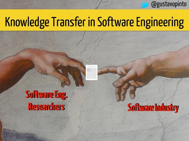 Software Eng.
Researchers Software Industry
Knowledge Transfer in Software Engineering
@gustavopinto
