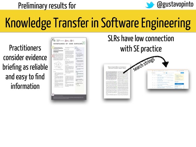 Knowledge Transfer in Software Engineering
Preliminary results for
Practitioners
consider evidence
brieﬁng as reliable
and easy to ﬁnd
information
SLRs have low connection
with SE practice
search strings
@gustavopinto
