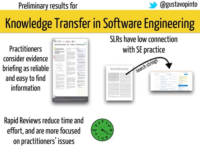 Knowledge Transfer in Software Engineering
Preliminary results for
Practitioners
consider evidence
brieﬁng as reliable
and easy to ﬁnd
information
SLRs have low connection
with SE practice
search strings
Rapid Reviews reduce time and
effort, and are more focused
on practitioners’ issues
@gustavopinto
