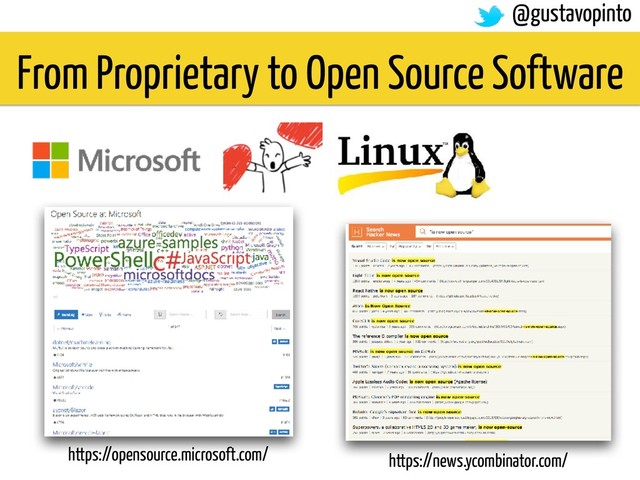 From Proprietary to Open Source Software
@gustavopinto
https://opensource.microsoft.com/ https://news.ycombinator.com/
