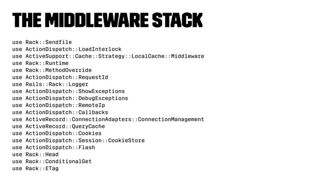 The middleware stack
use Rack::Sendﬁle
use ActionDispatch::LoadInterlock
use ActiveSupport::Cache::Strategy::LocalCache::Middleware
use Rack::Runtime
use Rack::MethodOverride
use ActionDispatch::RequestId
use Rails::Rack::Logger
use ActionDispatch::ShowExceptions
use ActionDispatch::DebugExceptions
use ActionDispatch::RemoteIp
use ActionDispatch::Callbacks
use ActiveRecord::ConnectionAdapters::ConnectionManagement
use ActiveRecord::QueryCache
use ActionDispatch::Cookies
use ActionDispatch::Session::CookieStore
use ActionDispatch::Flash
use Rack::Head
use Rack::ConditionalGet
use Rack::ETag
