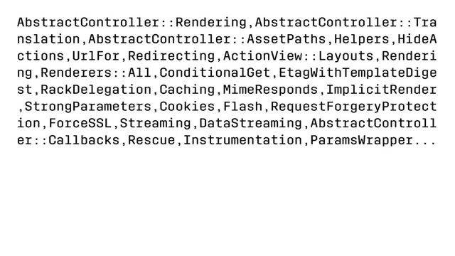 AbstractController::Rendering,AbstractController::Tra
nslation,AbstractController::AssetPaths,Helpers,HideA
ctions,UrlFor,Redirecting,ActionView::Layouts,Renderi
ng,Renderers::All,ConditionalGet,EtagWithTemplateDige
st,RackDelegation,Caching,MimeResponds,ImplicitRender
,StrongParameters,Cookies,Flash,RequestForgeryProtect
ion,ForceSSL,Streaming,DataStreaming,AbstractControll
er::Callbacks,Rescue,Instrumentation,ParamsWrapper...
