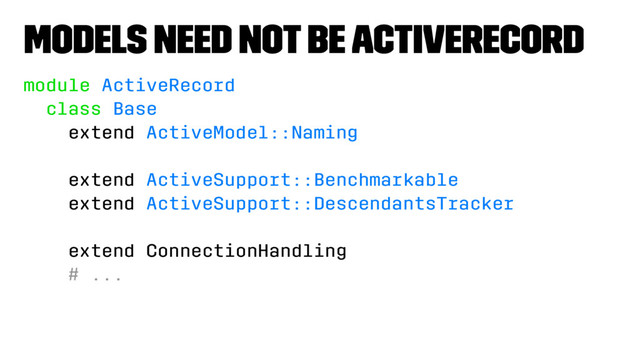 Models need not be ActiveRecord
module ActiveRecord
class Base
extend ActiveModel::Naming
extend ActiveSupport::Benchmarkable
extend ActiveSupport::DescendantsTracker
extend ConnectionHandling
# ...
