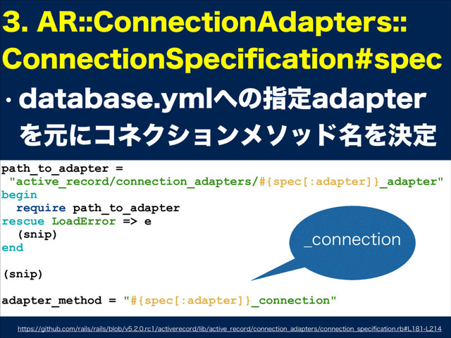 w EBUBCBTFZNM΁ͷࢦఆBEBQUFS
ΛݩʹίωΫγϣϯϝιου໊Λܾఆ
"3$POOFDUJPO"EBQUFST 
$POOFDUJPO4QFDJpDBUJPOTQFD
path_to_adapter =
"active_record/connection_adapters/#{spec[:adapter]}_adapter"
begin
require path_to_adapter
rescue LoadError => e
(snip)
end
(snip)
adapter_method = "#{spec[:adapter]}_connection"
IUUQTHJUIVCDPNSBJMTSBJMTCMPCWSDBDUJWFSFDPSEMJCBDUJWF@SFDPSEDPOOFDUJPO@BEBQUFSTDPOOFDUJPO@TQFDJpDBUJPOSC--
@DPOOFDUJPO
