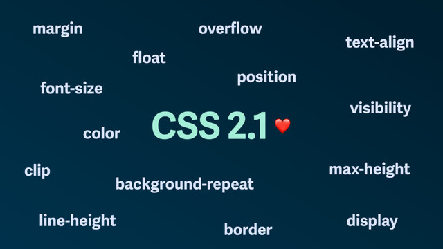 CSS 2.1
ﬂoat
position
text-align
overﬂow
border
visibility
background-repeat
color
font-size
max-height
margin
line-height
clip
display
❤
