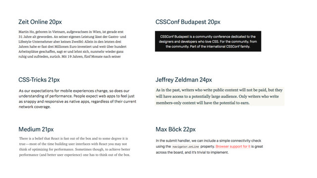 Zeit Online 20px
CSS-Tricks 21px
Medium 21px
CSSConf Budapest 20px
Jeﬀrey Zeldman 24px
Max Böck 22px

