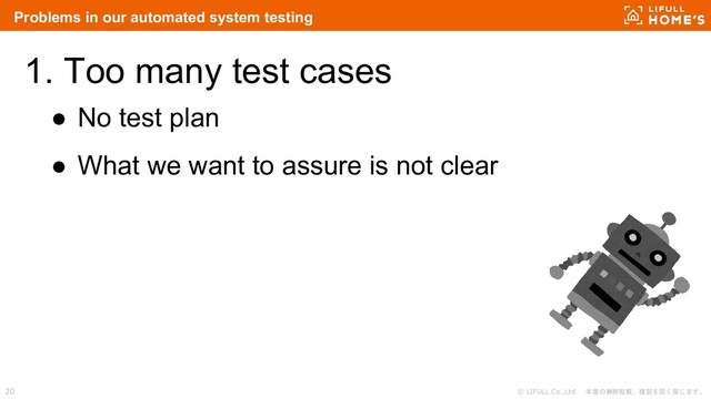 © LIFULL Co.,Ltd. 本書の無断転載、複製を固く禁じます。
20
1. Too many test cases
● No test plan
● What we want to assure is not clear
Problems in our automated system testing
