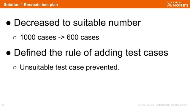 © LIFULL Co.,Ltd. 本書の無断転載、複製を固く禁じます。
30
Solution 1 Recreate test plan
● Decreased to suitable number
○ 1000 cases -> 600 cases
● Defined the rule of adding test cases
○ Unsuitable test case prevented.
