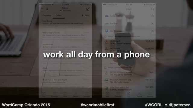 #WCORL :: @jpetersen
WordCamp Orlando 2015 #wcorlmobileﬁrst
work all day from a phone
