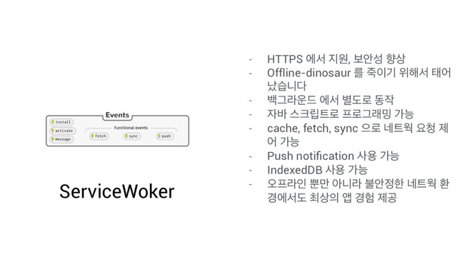 ServiceWoker
- HTTPS ীࢲ ૑ਗ, ࠁউࢿ ೱ࢚
- Offline-dinosaur ܳ લ੉ӝ ਤ೧ࢲ కয
լणפ׮
- ߔӒۄ਍٘ ীࢲ ߹ب۽ ز੘
- ੗߄ झ௼݀౟۽ ೐۽Ӓې߁ оמ
- cache, fetch, sync ਵ۽ ֎౟ਖ ਃ୒ ઁ
য оמ
- Push notiﬁcation ࢎਊ оמ
- IndexedDB ࢎਊ оמ
- য়೐ۄੋ ࡺ݅ ইפۄ ࠛউ੿ೠ ֎౟ਖ ജ
҃ীࢲب ୭࢚੄ জ ҃೷ ઁҕ

