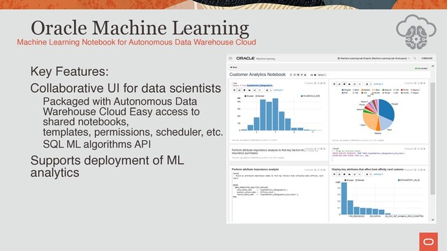 Oracle Machine Learning
Key Features:
Collaborative UI for data scientists
Packaged with Autonomous Data
Warehouse Cloud Easy access to
shared notebooks,  
templates, permissions, scheduler, etc.
SQL ML algorithms API
Supports deployment of ML
analytics
Machine Learning Notebook for Autonomous Data Warehouse Cloud
