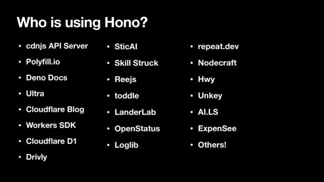 Who is using Hono?
• cdnjs API Server
• Poly
fi
ll.io
• Deno Docs
• Ultra
• Cloud
fl
are Blog
• Workers SDK
• Cloud
fl
are D1
• Drivly
• SticAI
• Skill Struck
• Reejs
• toddle
• LanderLab
• OpenStatus
• Loglib
• repeat.dev
• Nodecraft
• Hwy
• Unkey
• AI.LS
• ExpenSee
• Others!
