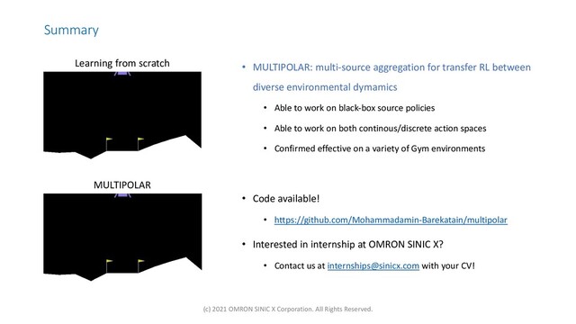 Summary
• MULTIPOLAR: multi-source aggregation for transfer RL between
diverse environmental dymamics
• Able to work on black-box source policies
• Able to work on both continous/discrete action spaces
• Confirmed effective on a variety of Gym environments
• Code available!
• https://github.com/Mohammadamin-Barekatain/multipolar
• Interested in internship at OMRON SINIC X?
• Contact us at internships@sinicx.com with your CV!
Learning from scratch
MULTIPOLAR
(c) 2021 OMRON SINIC X Corporation. All Rights Reserved.
