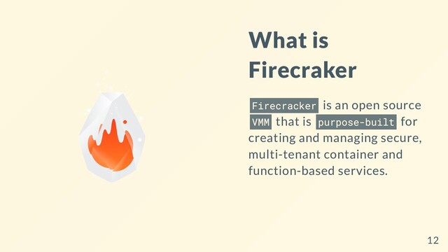 What is
Firecraker
Firecracker is an open source
VMM that is purpose-built for
creating and managing secure,
multi-tenant container and
function-based services.
12
