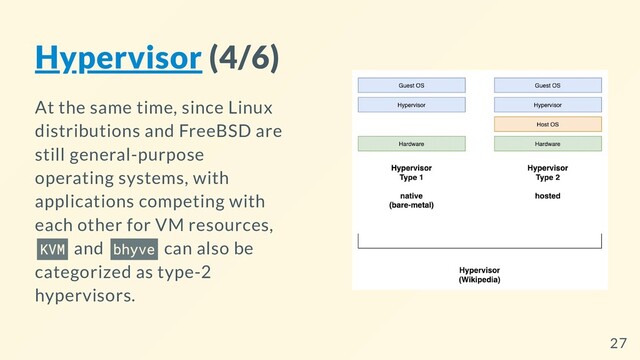 Hypervisor (4/6)
At the same time, since Linux
distributions and FreeBSD are
still general-purpose
operating systems, with
applications competing with
each other for VM resources,
KVM and bhyve can also be
categorized as type-2
hypervisors.
27
