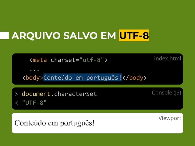 ARQUIVO SALVO EM UTF-8

...
Conteúdo em português!
Conteúdo em português!
> document.characterSet
< "UTF-8"
index.html
Console (JS)
Viewport

