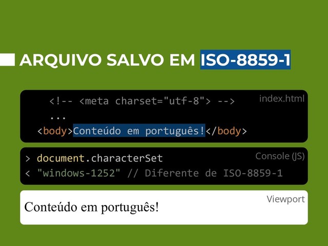 ARQUIVO SALVO EM ISO-8859-1

...
Conteúdo em português!
Conteúdo em português!
> document.characterSet
< "windows-1252" // Diferente de ISO-8859-1
index.html
Console (JS)
Viewport
