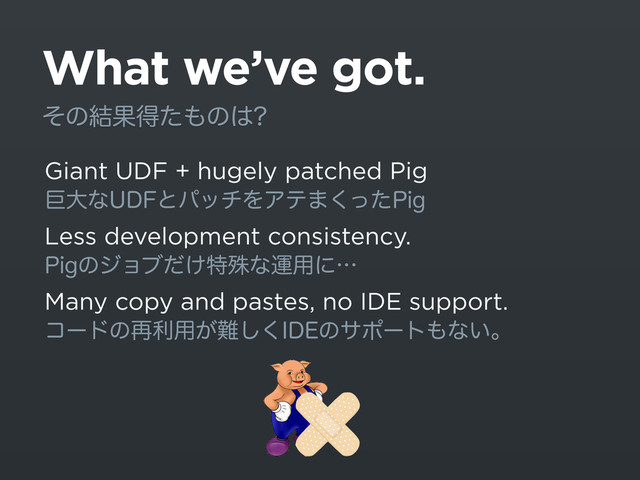 What we’ve got.
Giant UDF + hugely patched Pig
ڊେͳ6%'ͱύονΛΞς·ͬͨ͘1JH
Less development consistency.
1JHͷδϣϒ͚ͩಛघͳӡ༻ʹʜ
Many copy and pastes, no IDE support.
ίʔυͷ࠶ར༻͕೉͘͠*%&ͷαϙʔτ΋ͳ͍ɻ
ͦͷ݁Ռಘͨ΋ͷ͸
