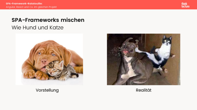 SPA-Framework-Ratatouille:
Angular, React und Co. im gleichen Projekt
Wie Hund und Katze
SPA-Frameworks mischen
Realität
Vorstellung
