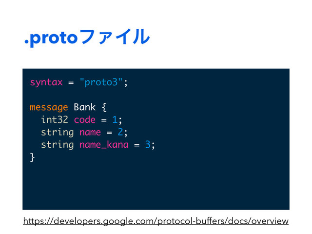 .protoϑΝΠϧ
syntax = "proto3";
message Bank {
int32 code = 1;
string name = 2;
string name_kana = 3;
}
https://developers.google.com/protocol-buffers/docs/overview
