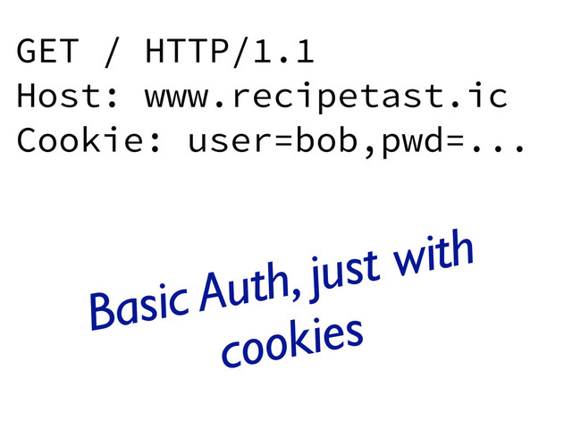 GET / HTTP/1.1
Host: www.recipetast.ic
Cookie: user=bob,pwd=...
Basic Auth, just with
cookies
