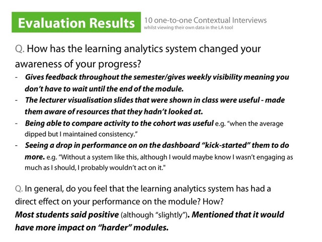 Q. How has the learning analytics system changed your
awareness of your progress?
-  Gives feedback throughout the semester/gives weekly visibility meaning you
don’t have to wait until the end of the module.
-  The lecturer visualisation slides that were shown in class were useful - made
them aware of resources that they hadn’t looked at.
-  Being able to compare activity to the cohort was useful e.g. “when the average
dipped but I maintained consistency.”
-  Seeing a drop in performance on on the dashboard “kick-started” them to do
more. e.g. “Without a system like this, although I would maybe know I wasn’t engaging as
much as I should, I probably wouldn’t act on it."
Q. In general, do you feel that the learning analytics system has had a
direct effect on your performance on the module? How?
Most students said positive (although “slightly”). Mentioned that it would
have more impact on “harder” modules.
Evaluation Results 10 one-to-one Contextual Interviews
whilst viewing their own data in the LA tool
